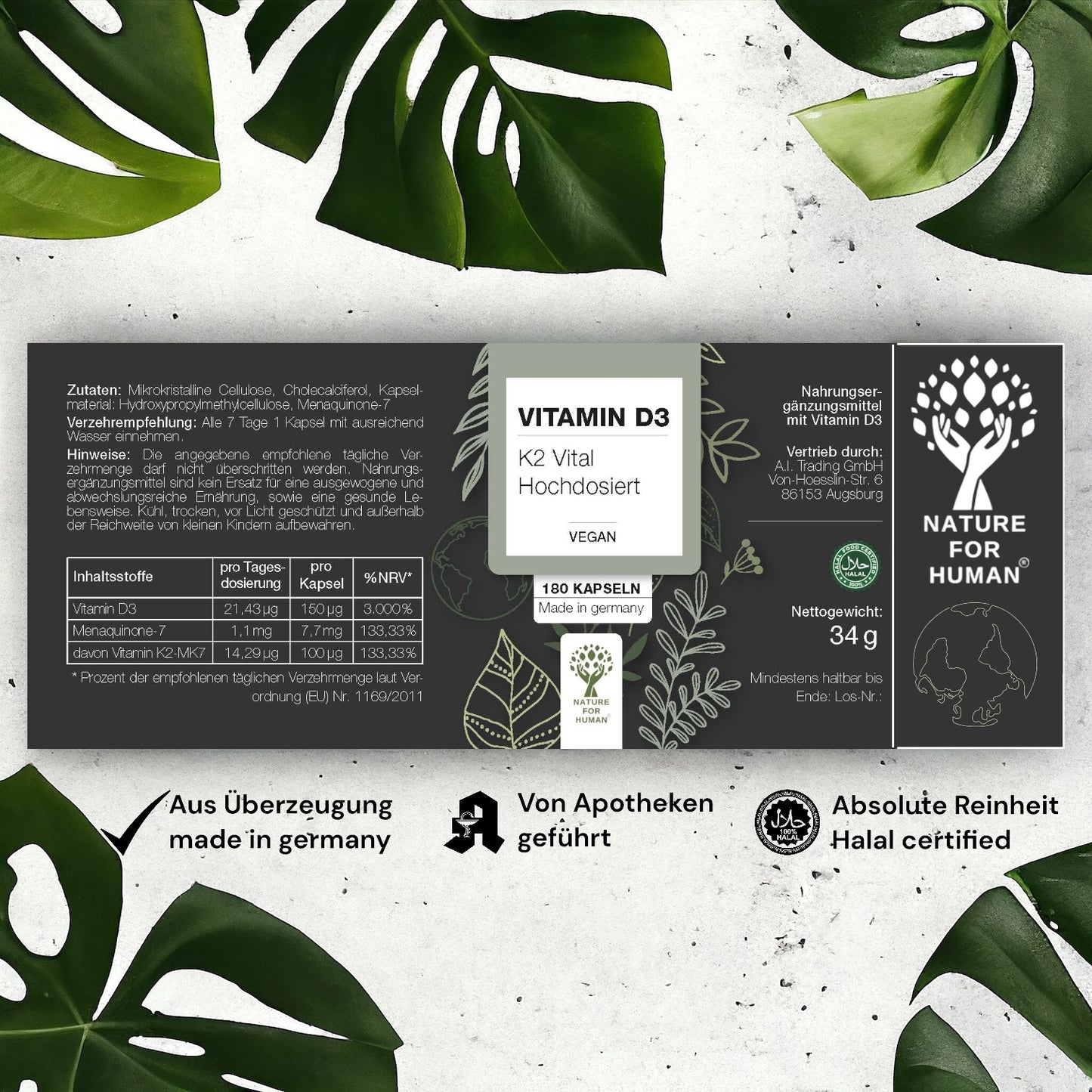 Vitamin D3 + K2 VITAL - Wochendepot mit 6000IE - 180 vegane Kapseln - Ohne Zusätze - in Deutschland produziert & Halal zertifiziert